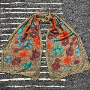 Boho brown rectangle floral knit scarf hippie bohemian grandma fairy core